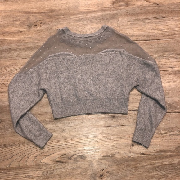 SNIDEL Angora Wool Blend Sheer Shoulder Flower Appliqué Cropped Sweater - Picture 2 of 10